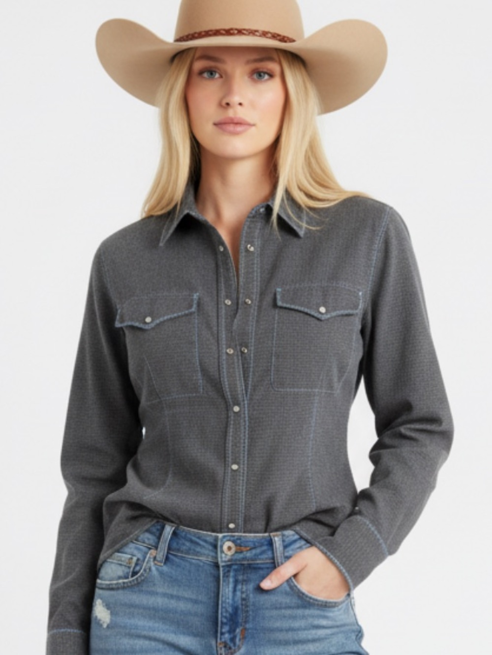 RAYN MICHAEL- SILK BLEND Womens Charcoal Button-Front Western Shirt
